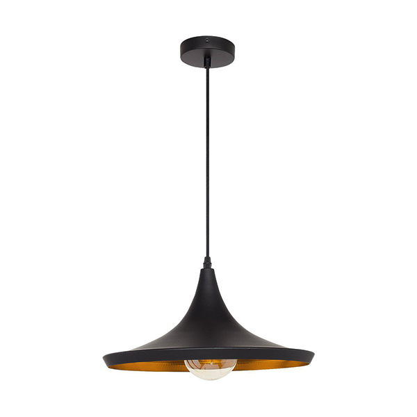 luminaria-colgante-negro-garret-plato-dorado-1xe27 Luminaria Colgante Negro Garret Plato Dorado 1XE27 IP20 220V Dimensiones 17X36 CMS. no Incluye Ampolleta - Imagen 1