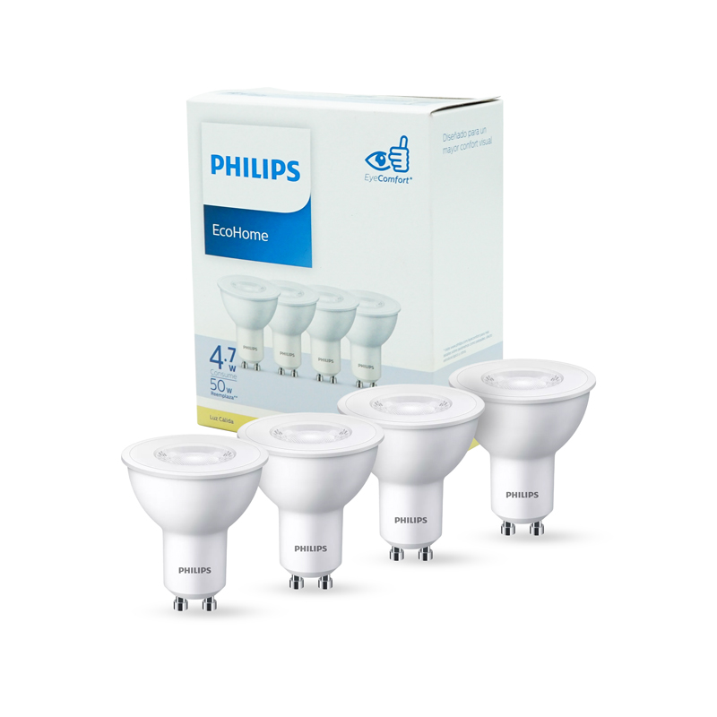 pack-de-4-dicroicos-led-philips-gu10-eco-home-4-7w Pack de 4 Dicroicos LED Philips GU10 ECO Home 4.7W, 370 LM, 2.700°K, CRI80, 220-240V - Imagen 1