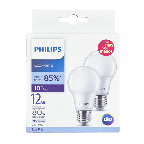pack-doble-ampolletas-led-philips-12w-e27-6-500- Pack Doble Ampolletas LED Philips 12W, E27, 6.500°K, 220V - Imagen 1
