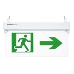 Señalética Emergencia Básica GX05 5 Leds "HOMBRE-FLECHA", Letras Verdes Fondo Transp, IP43, 6 HRS de Autonomía, Montaje: Cielo, Muro, Bandera o Colgante con Cadenas, Incluye Accesorios