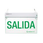 Señalética Emergencia Básica GX05 5 Leds "Salida", Letras Verdes Fondo Transp, IP43, 6 HRS de Autonomía, Montaje: Cielo, Muro, Bandera o Colgante con Cadenas, Incluye Accesorios