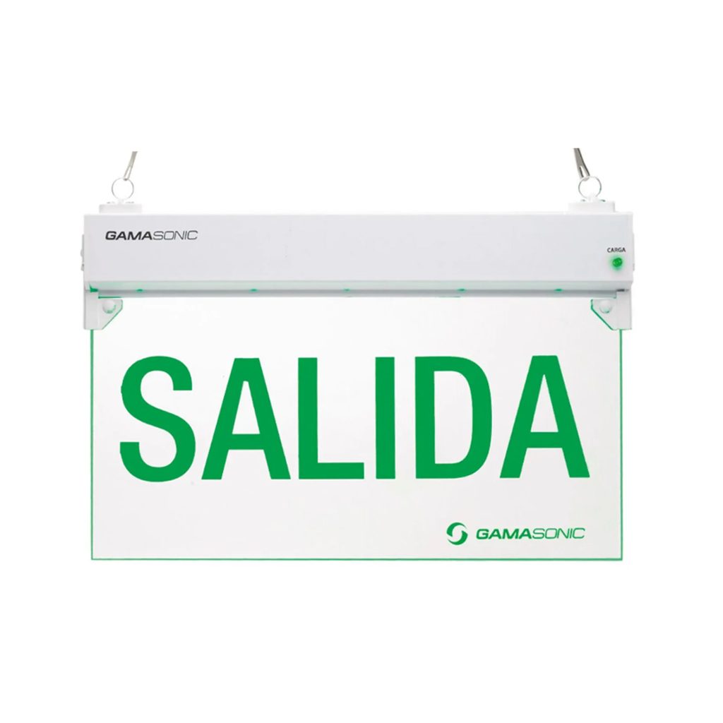 se-al-tica-emergencia-b-sica-gx05-5-leds-salida- Señalética Emergencia Básica GX05 5 Leds "Salida", Letras Verdes Fondo Transp, IP43, 6 HRS de Autonomía, Montaje: Cielo, Muro, Bandera o Colgante con Cadenas, Incluye Accesorios - Imagen 1