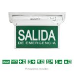 Señalética Emergencia GX-12BC 10 Leds "Multiseñal", Letras Blancas Fondo Verde, 6 HRS de Autonomía, Montaje: Cielo, Muro, Bandera o Colgante con Cadenas, Incluye Accesorios