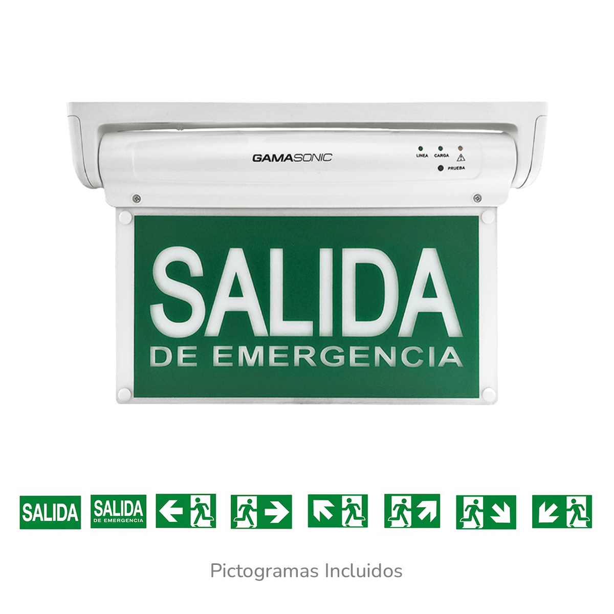 se-al-tica-emergencia-gx-12bc-10-leds-multise-al- Señalética Emergencia GX-12BC 10 Leds "Multiseñal", Letras Blancas Fondo Verde, 6 HRS de Autonomía, Montaje: Cielo, Muro, Bandera o Colgante con Cadenas, Incluye Accesorios - Imagen 1